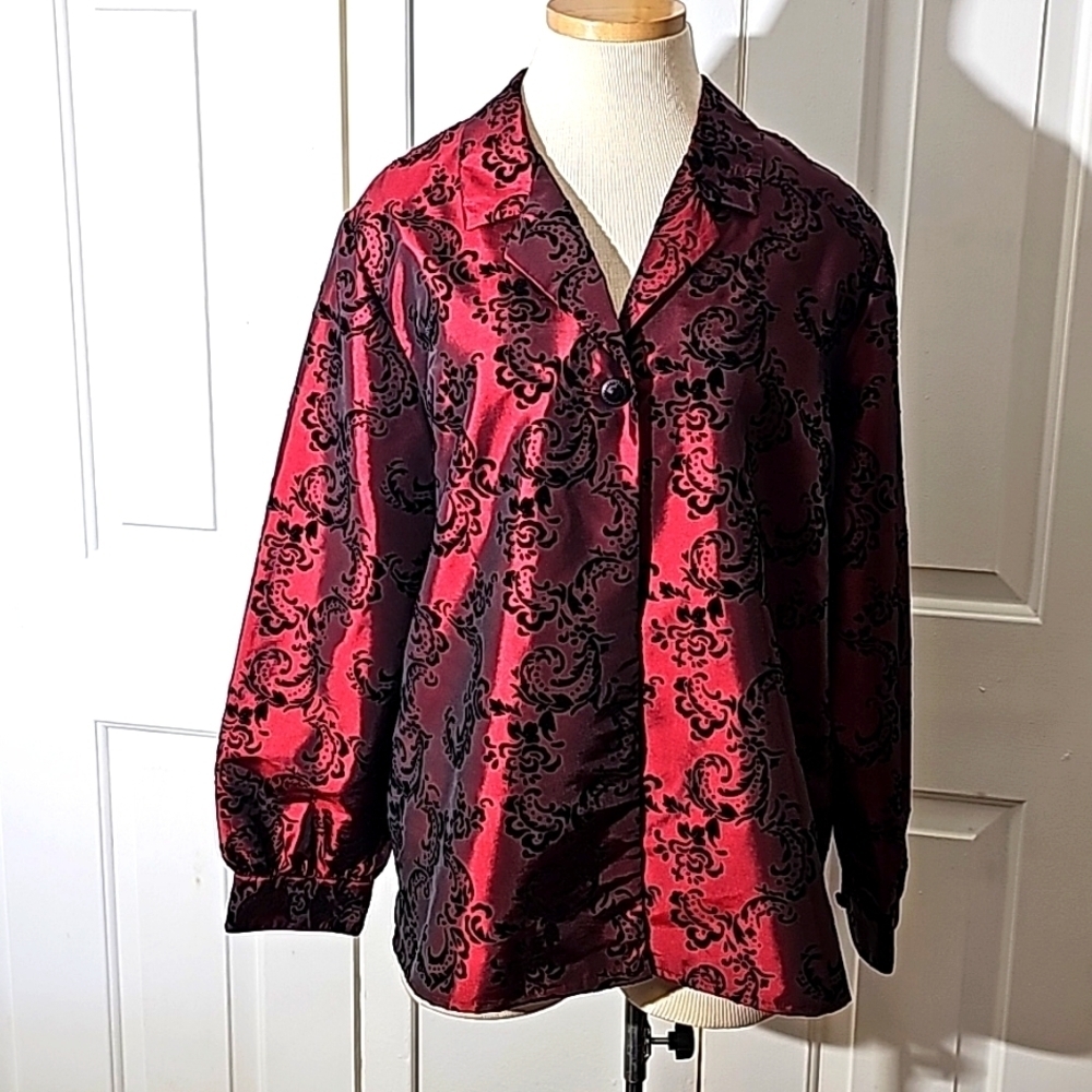 Sag Harbor Damask Velvet Flocked Blouse Womens Size PXL Red Black Vintage Y2K